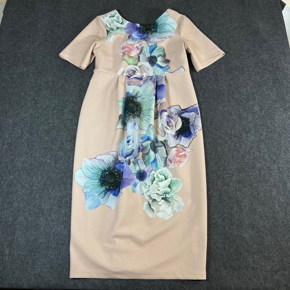 ASOS Floral Waffle Knit Midi Wiggle Dress Peach Blue US 8 Short Sleeve Sheath
